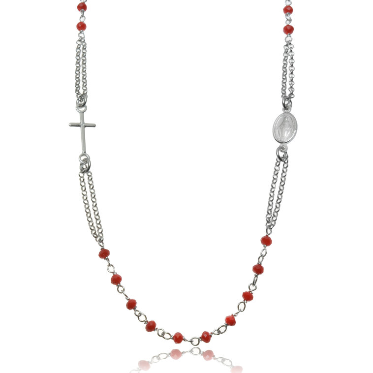 GOLDIE Strieborný náhrdelník Ruženec s červenými guličkami LNLS027.KS