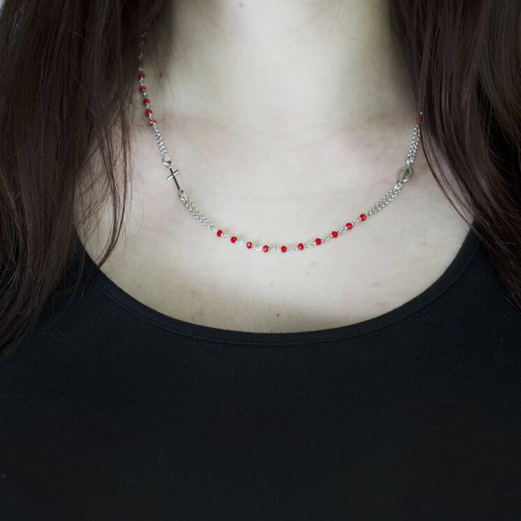 GOLDIE Strieborný náhrdelník Ruženec s červenými guličkami LNLS027.KS