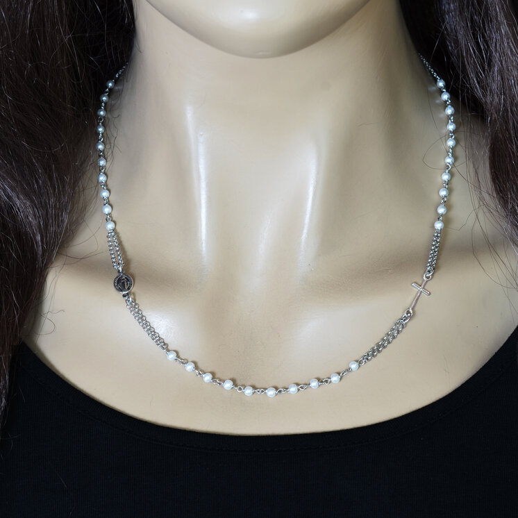 GOLDIE Strieborný náhrdelník Ruženec s perleťovými guličkami LNLS024.KS